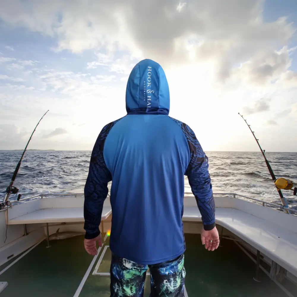 Hook And Haul | Hook-It Range Double Blue Hooded Fishing Shirt - Big Bite Fishing Shirts