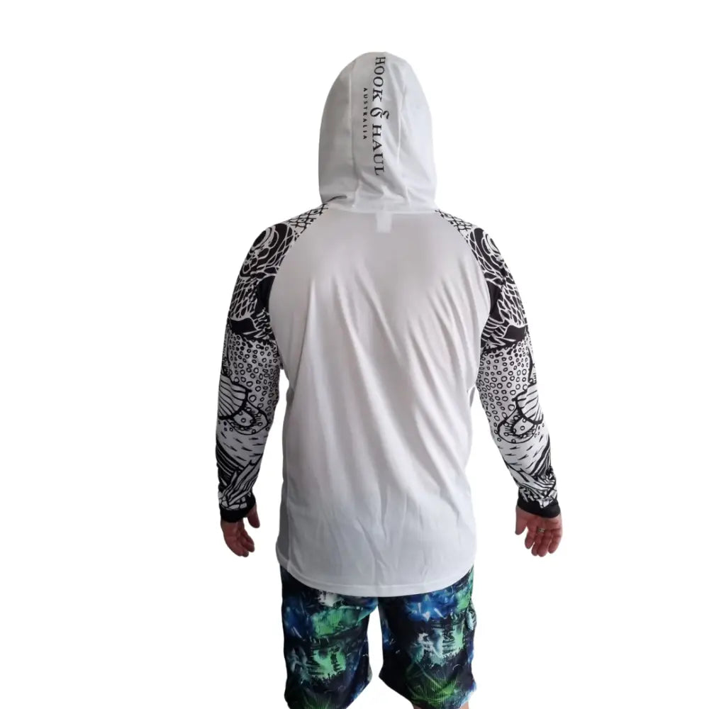 Hook And Haul | Hook-It Range White/Black Hooded Fishing Shirt - Big Bite Fishing Shirts