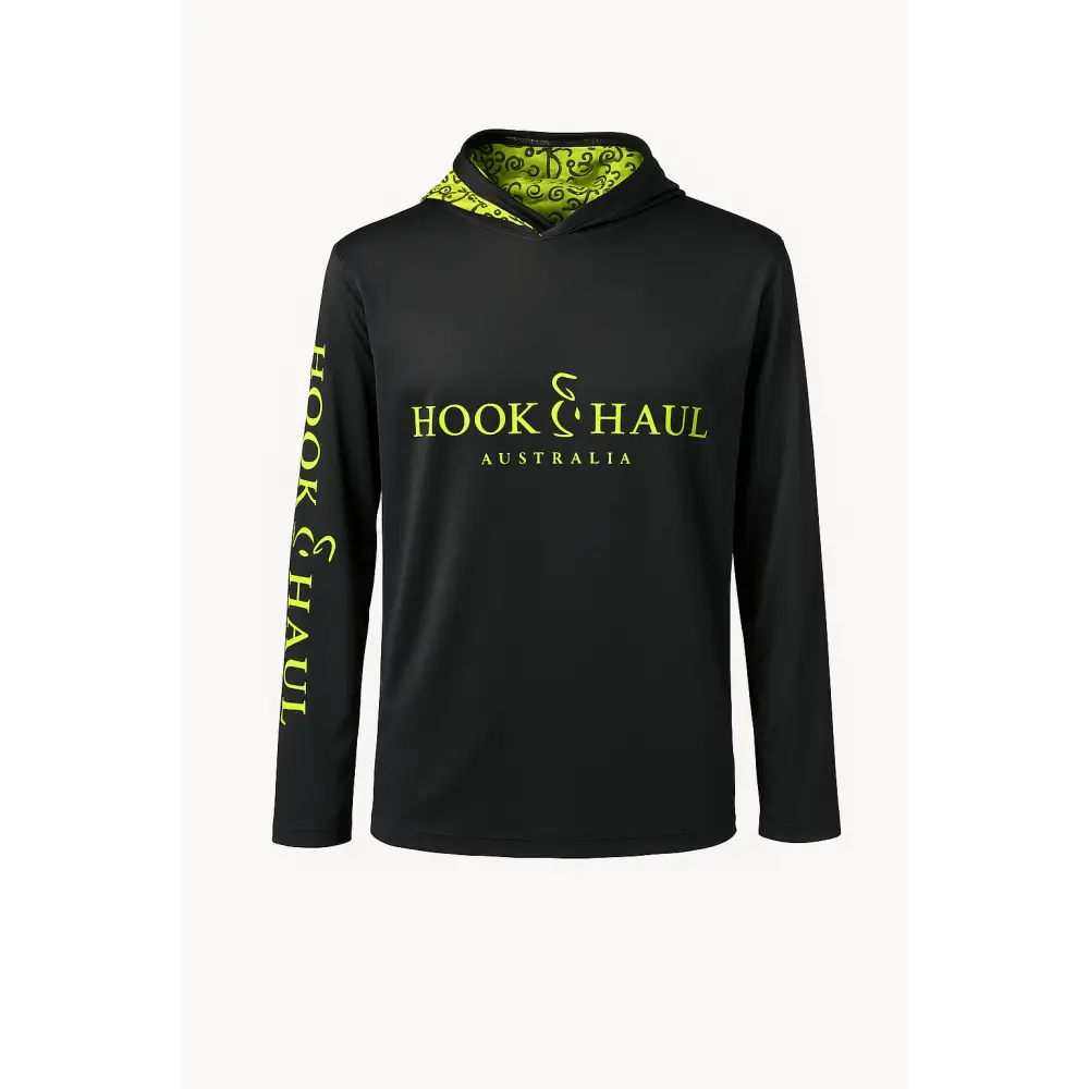 Hook And Haul | Hook-It Range Black Hi Vis Yellow Hooded Fishing Shirt - Big Bite Fishing Shirts
