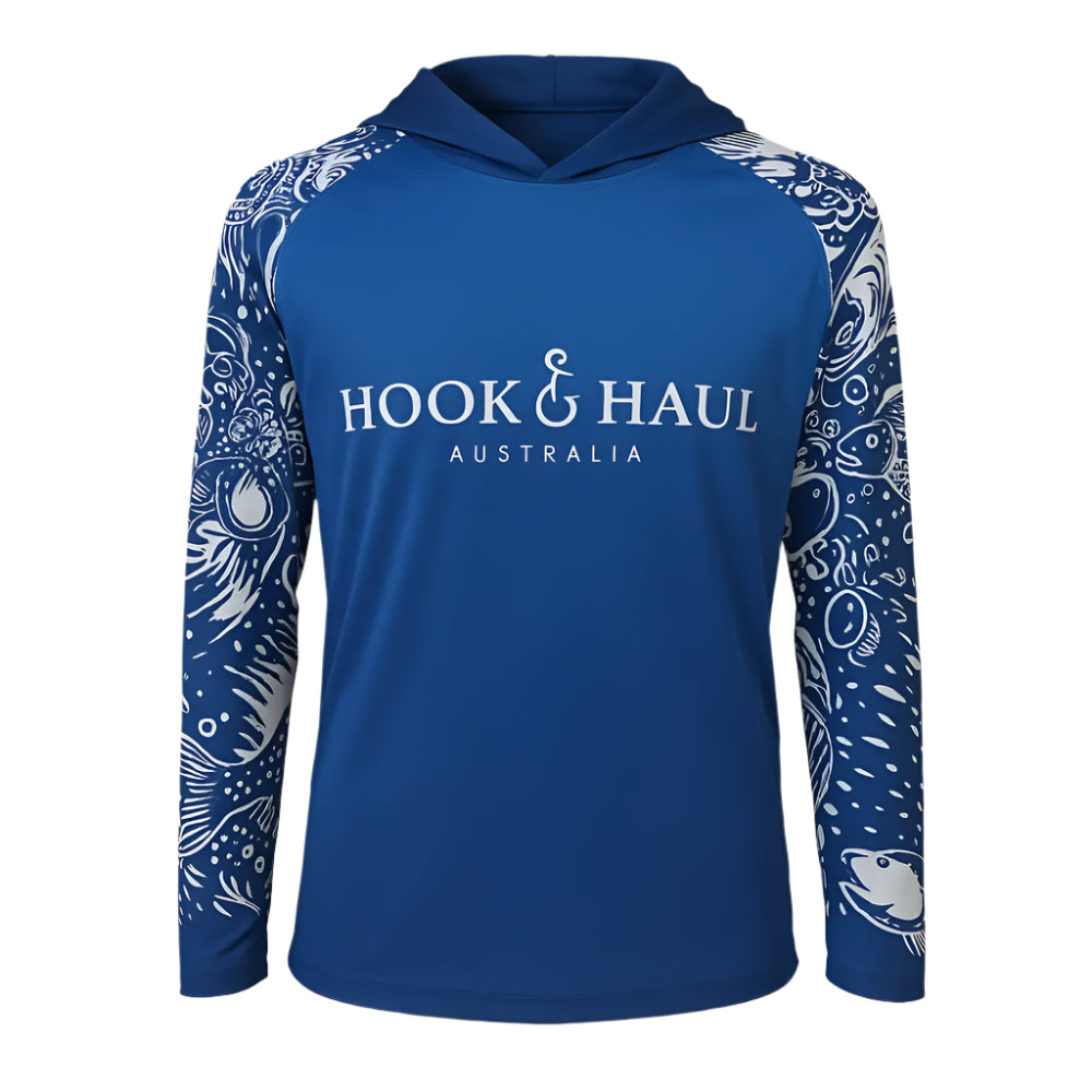 Hook And Haul | Hook-It Range Blue/White Hooded Fishing Shirt - Big Bite Fishing Shirts