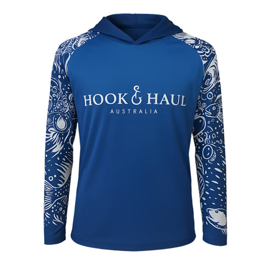 Hook And Haul | Hook-It Range Blue/White Hooded Fishing Shirt - Big Bite Fishing Shirts