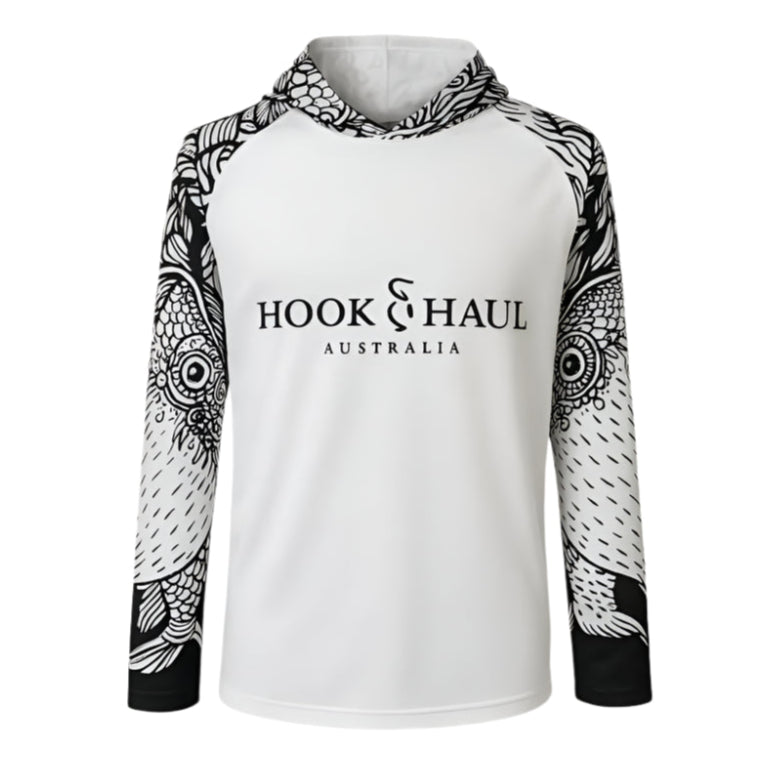 Hook And Haul | Hook-It Range White/Black Hooded Fishing Shirt - Big Bite Fishing Shirts
