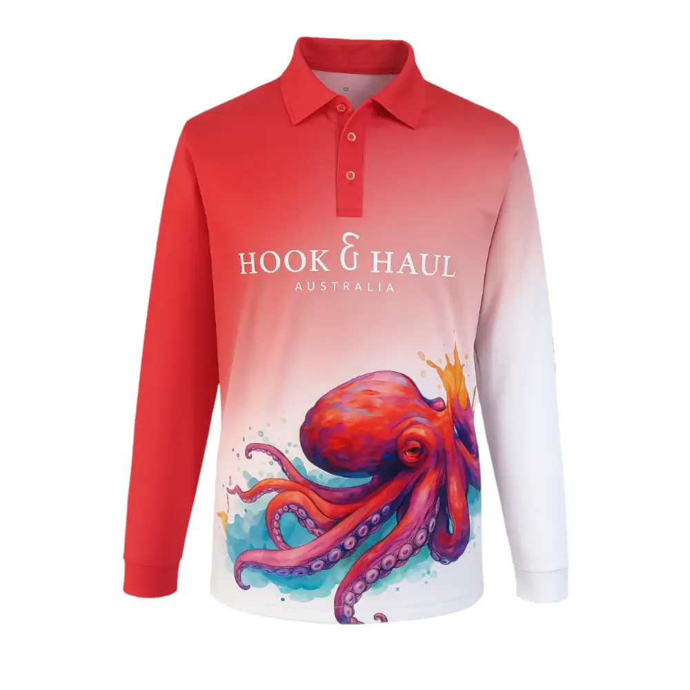 Long-sleeve fishing shirt with a colorful octopus design and 'Hook & Haul Australia' text on a white background