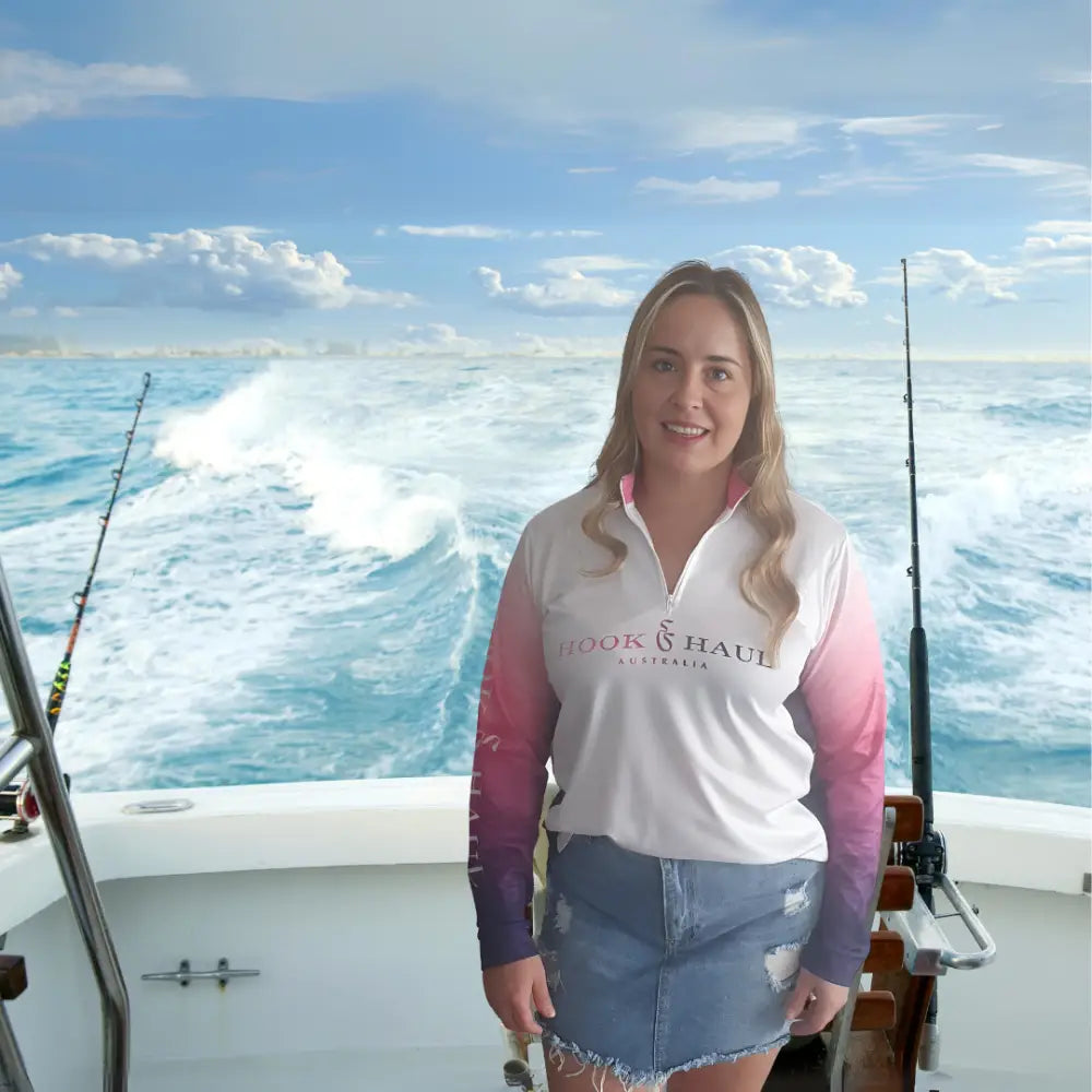 Hook And Haul | Premium Ladies Range Pink Salt Lake | Zip Front Polo - Big Bite Fishing Shirts