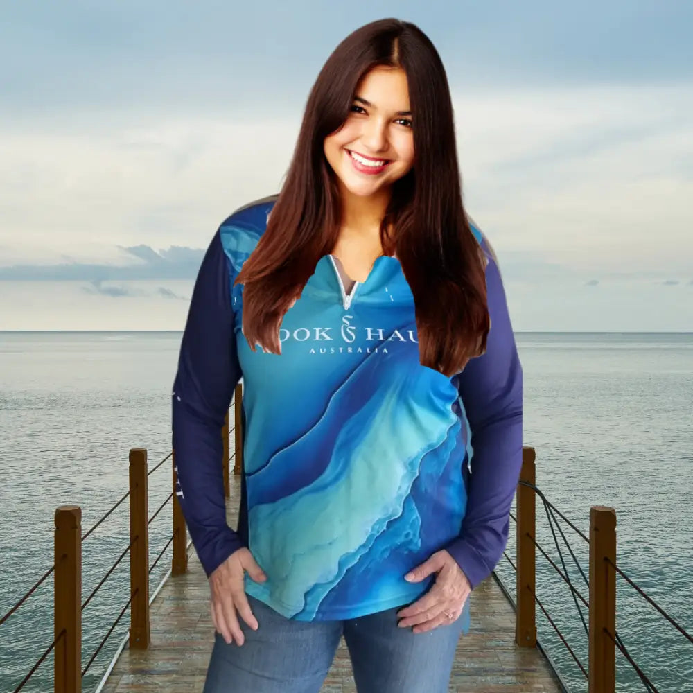Hook And Haul | Premium Ladies Range Blue Ocean | Zip Front Polo - Big Bite Fishing Shirts