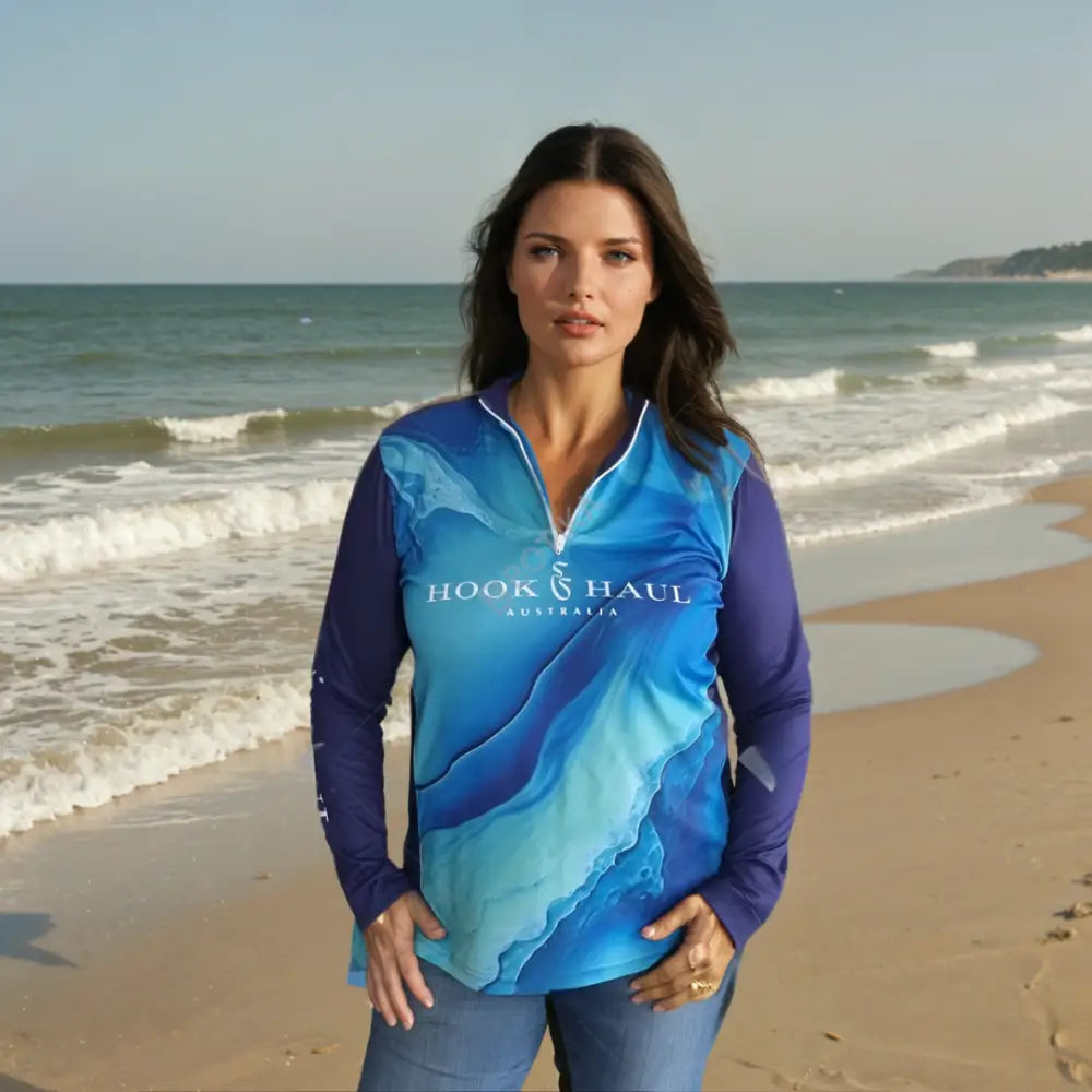 Hook And Haul | Premium Ladies Range Blue Ocean | Zip Front Polo - Big Bite Fishing Shirts