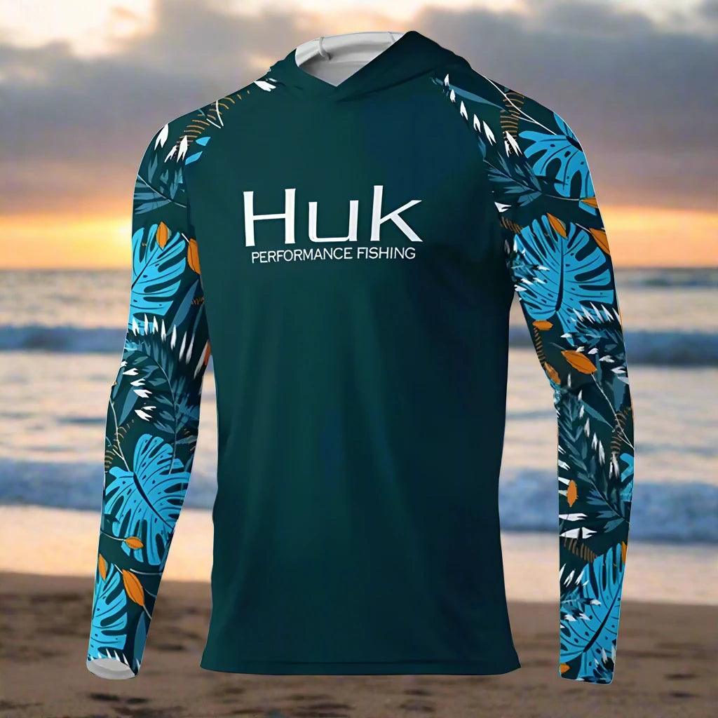 HUK Fishing T-shirt hooded Mens Long Sleeve UV Protection 50+ - Big Bite Fishing Shirts