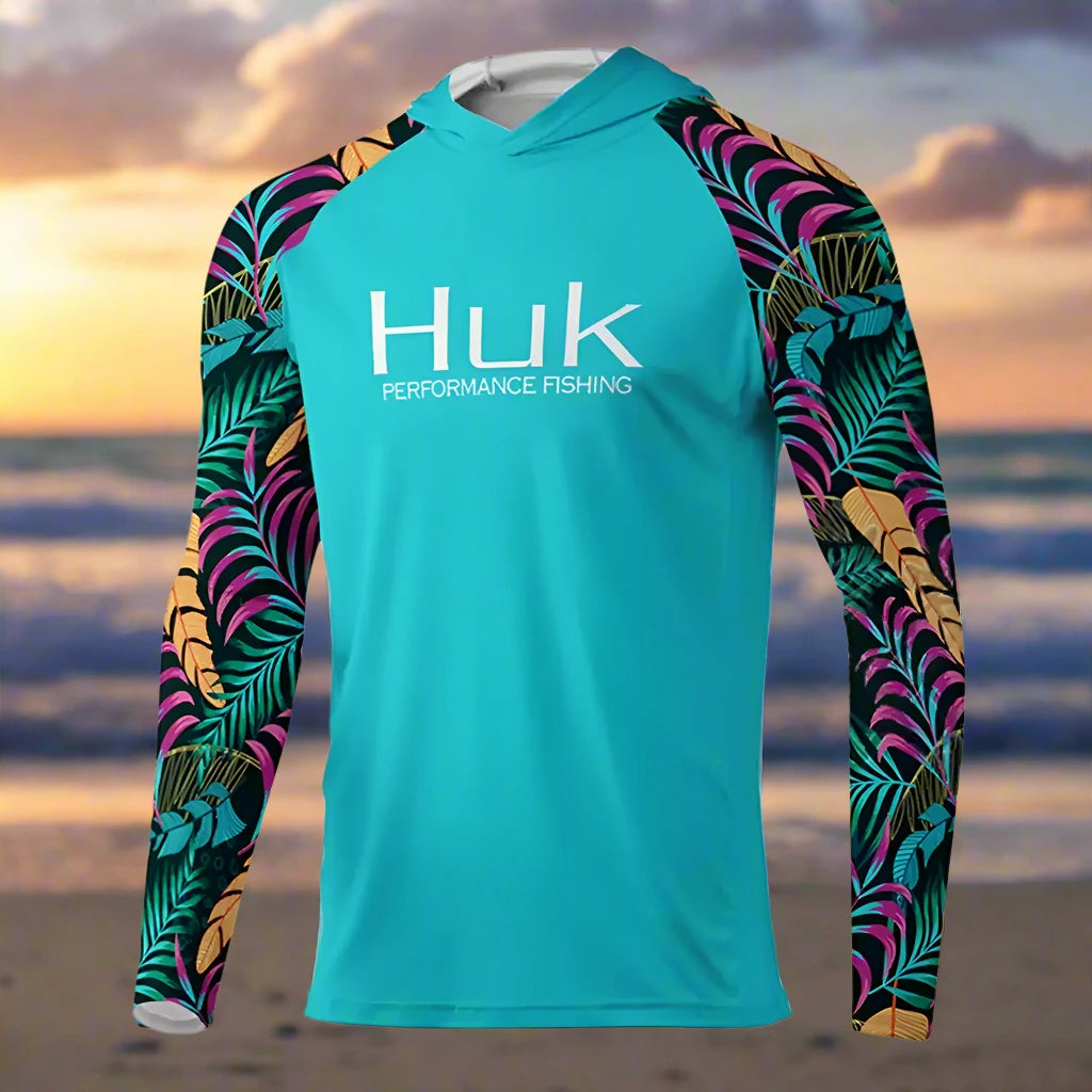 HUK Fishing T-shirt hooded Mens Long Sleeve UV Protection 50+ - Big Bite Fishing Shirts
