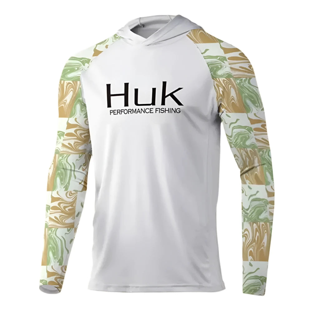 HUK Fishing T-shirt hooded Mens Long Sleeve UV Protection 50+ - Big Bite Fishing Shirts