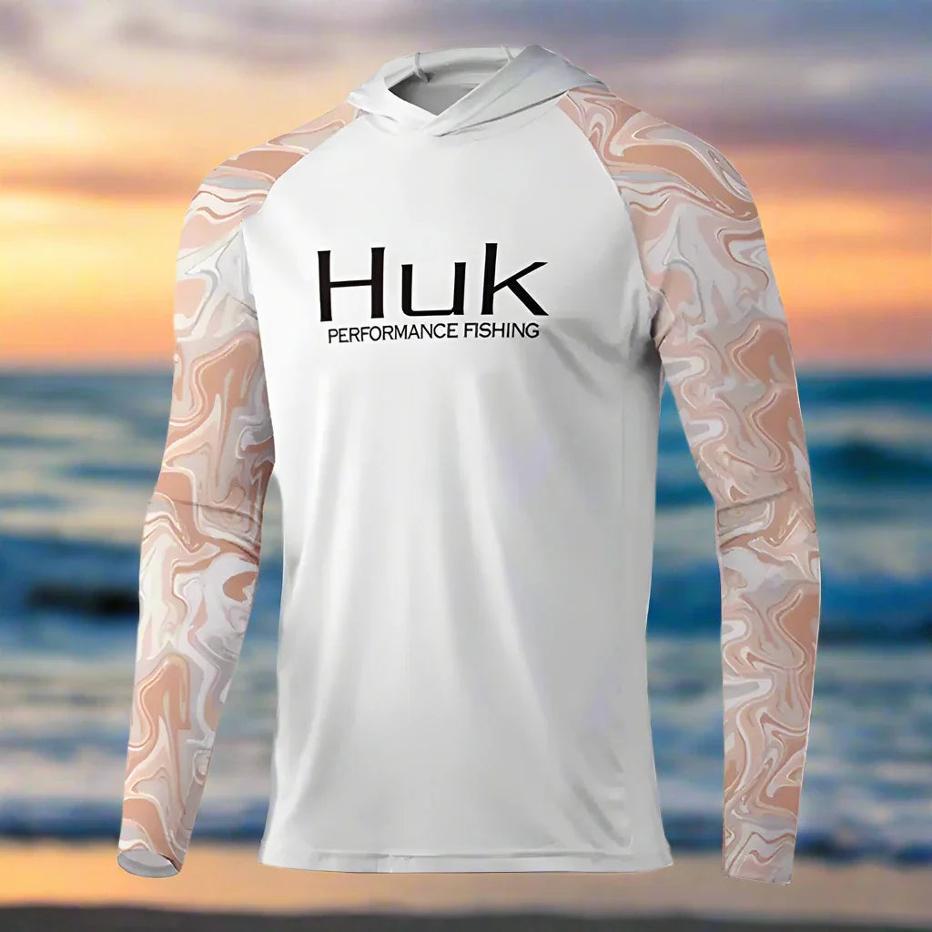 HUK Fishing T-shirt hooded Mens Long Sleeve UV Protection 50+ - Big Bite Fishing Shirts