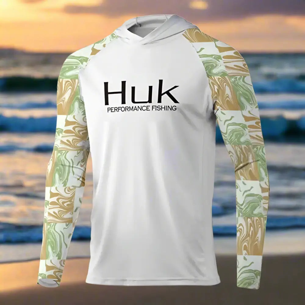 HUK Fishing T-shirt hooded Mens Long Sleeve UV Protection 50+ - Big Bite Fishing Shirts