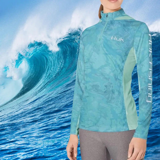 Ladies Long Sleeve 1/4 Zip Fishing Jersey - Blue Marle - Big Bite Fishing Shirts