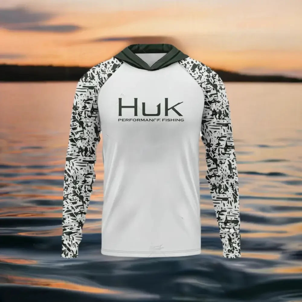 Long Sleeve Hooded Fishing Shirt - White/Black - Big Bite Fishing Shirts