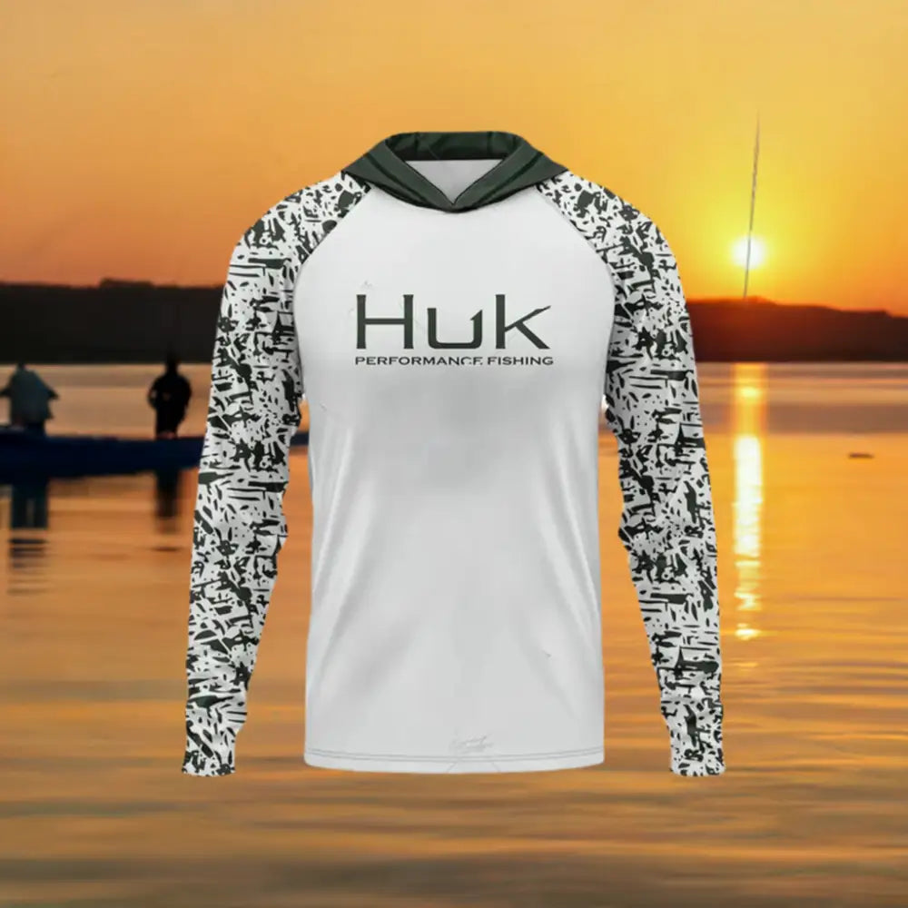 Long Sleeve Hooded Fishing Shirt - White/Black - Big Bite Fishing Shirts