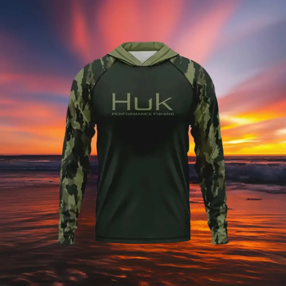 Long Sleeve Hooded Sun Protection Fishing Shirt - Green Camo - Big Bite Fishing Shirts