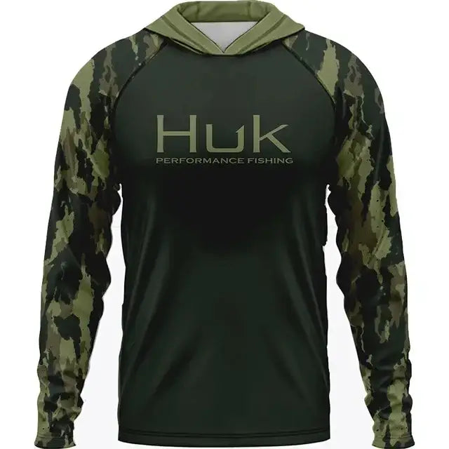Long Sleeve Hooded Sun Protection Fishing Shirt - Green Camo - Big Bite Fishing Shirts