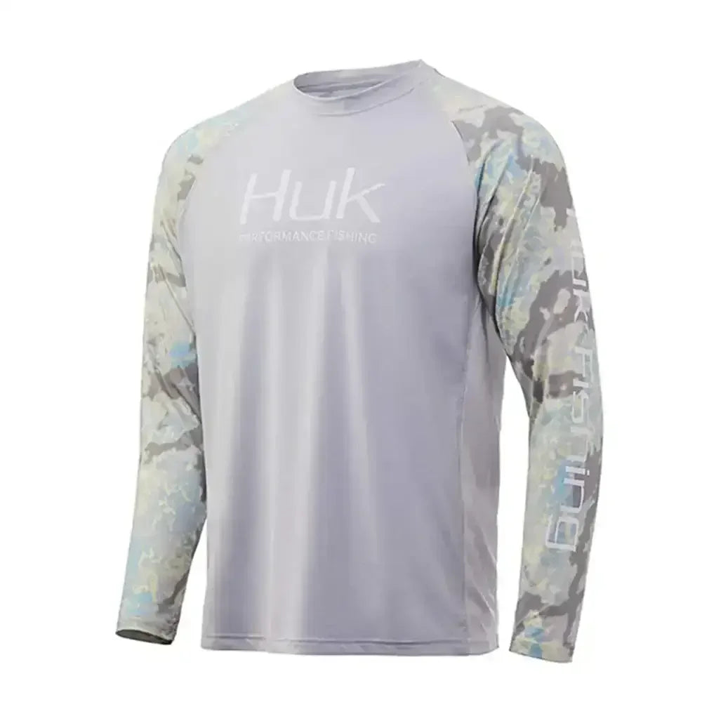 Long Sleeve Uv Protection Fishing Shirts | Light Grey with Camo Sleeves - Big Bite Fishing Shirts