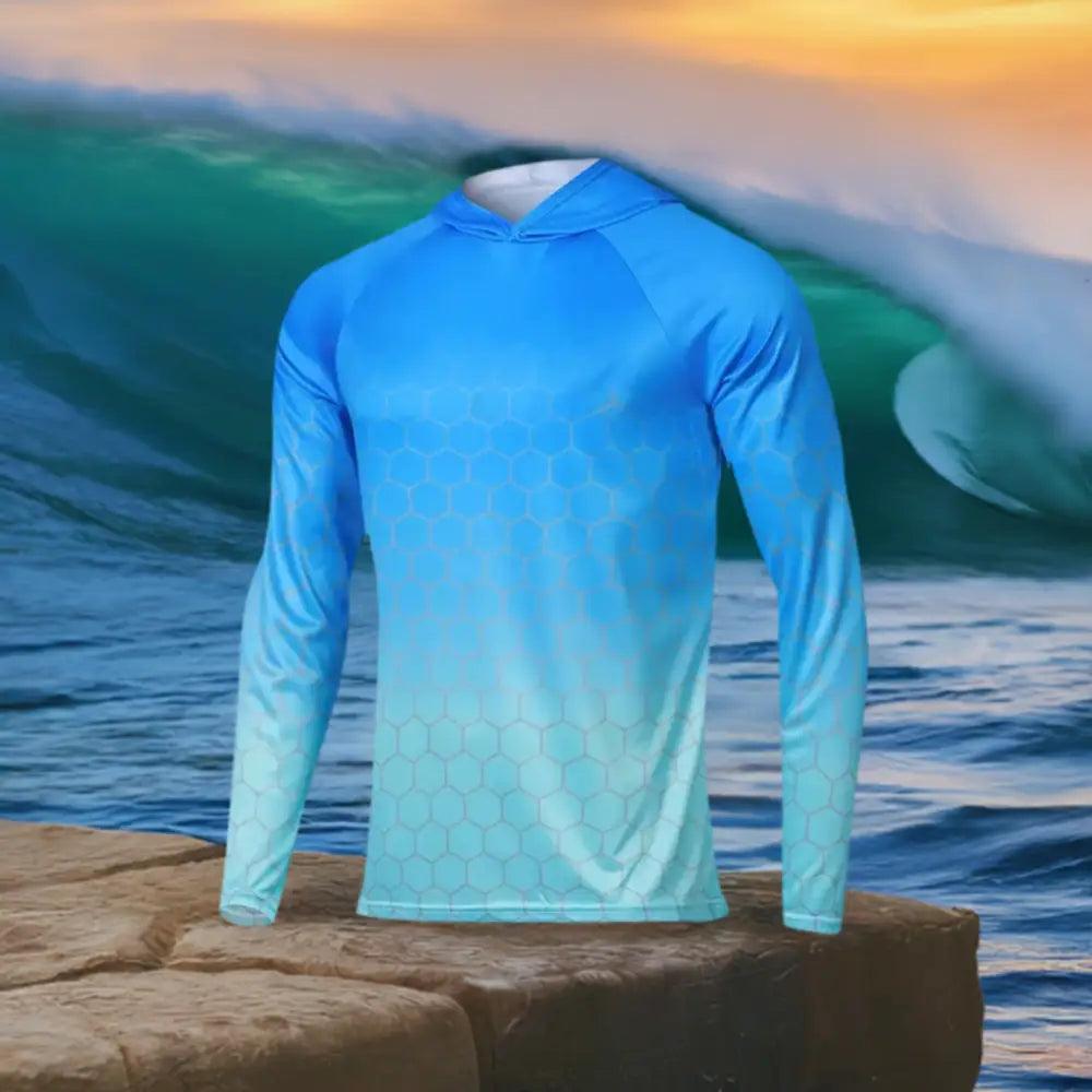 Men's Long Sleeve Hooded Fishing Jersey : Blue/Aqua - Big Bite Fishing Shirts