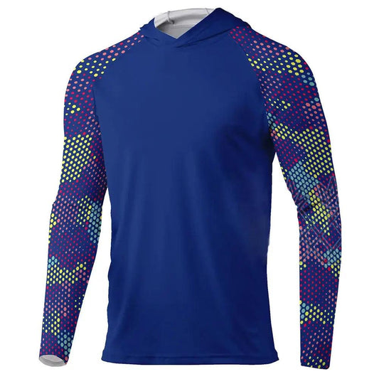 Men's Long Sleeve Hooded Fishing Jersey : Blue - Big Bite Fishing Shirts