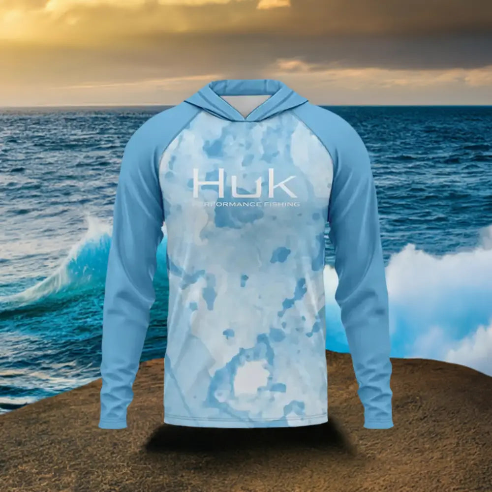 Men Surf Blue Long Sleeve Hooded UV50 Fishing Shirt - Big Bite Fishing Shirts