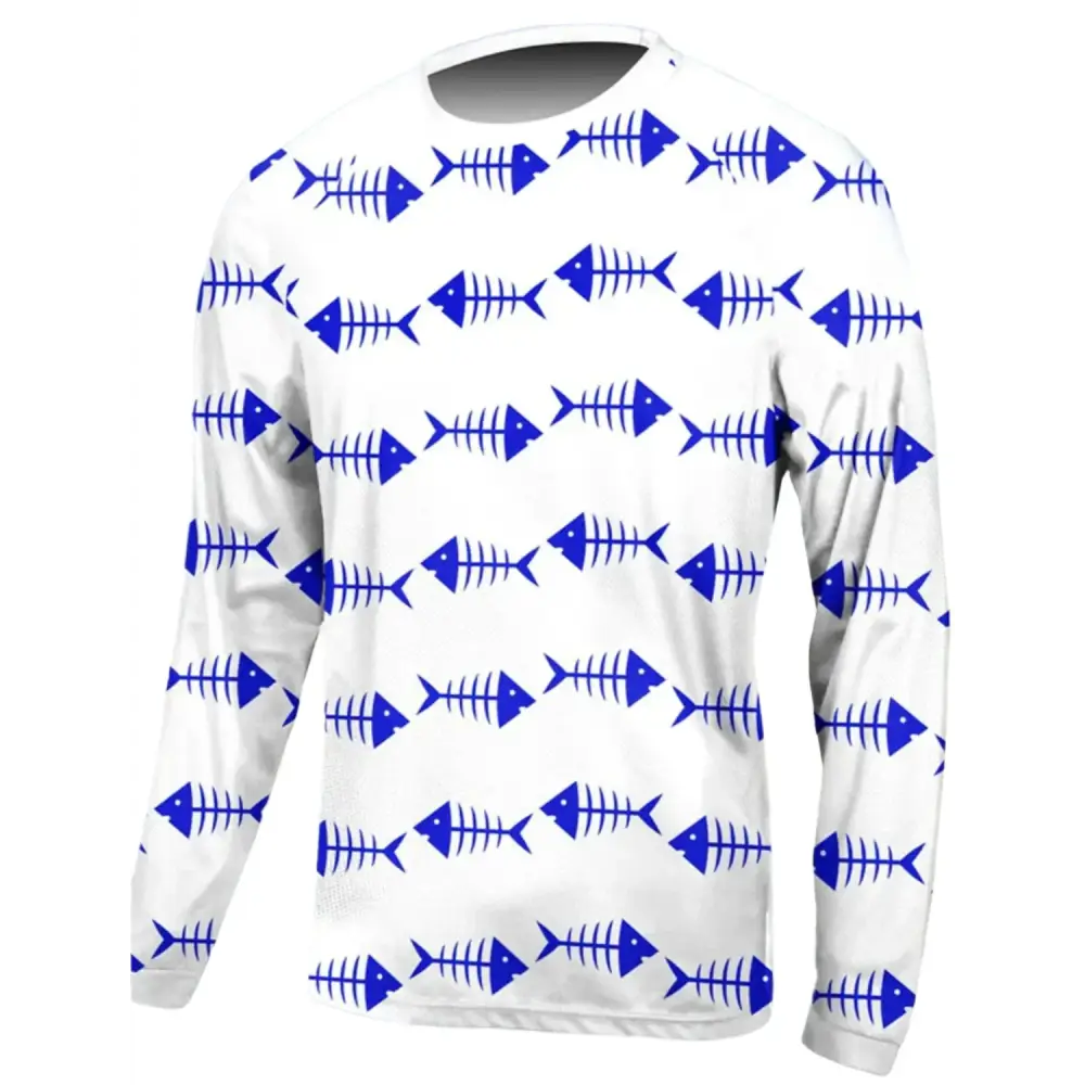 Men's Long Sleeve Fishing Tee Round Neck | Blue Fish Bones - Big Bite Fishing Shirts
