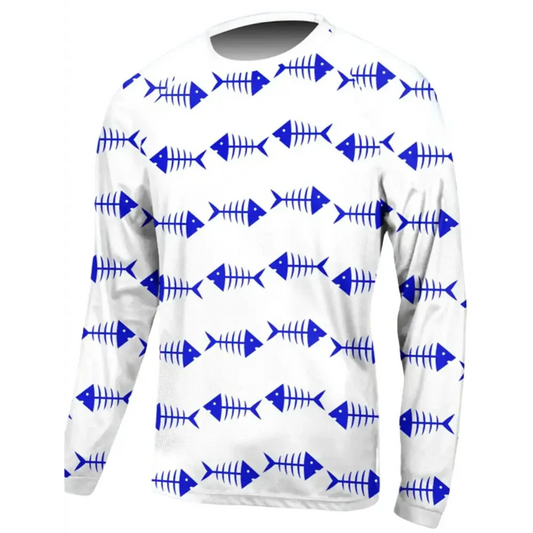Men's Long Sleeve Fishing Tee Round Neck | Blue Fish Bones - Big Bite Fishing Shirts