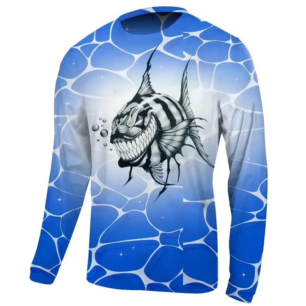 Men's Long Sleeve Fishing Tee Round Neck | Blue Piranha - Big Bite Fishing Shirts