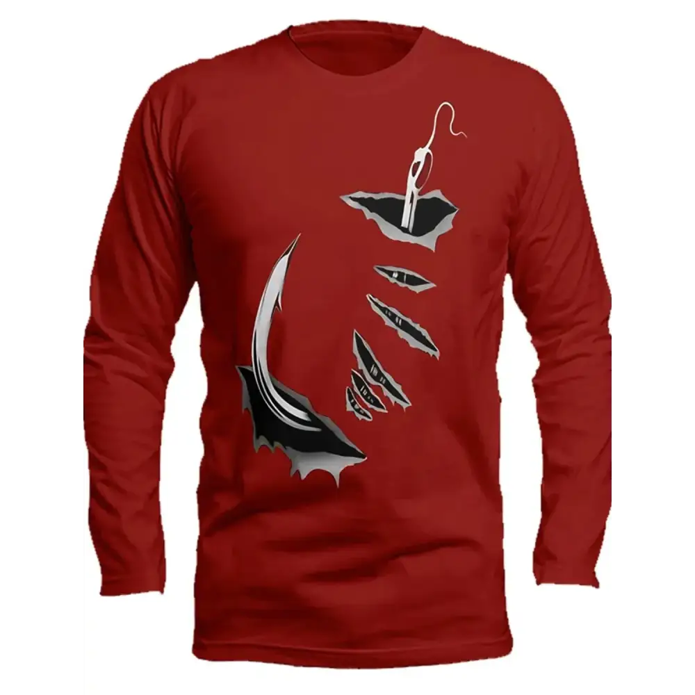 Men's Long Sleeve Fishing Tee Round Neck | Burgandy Red Hook - Big Bite Fishing Shirts
