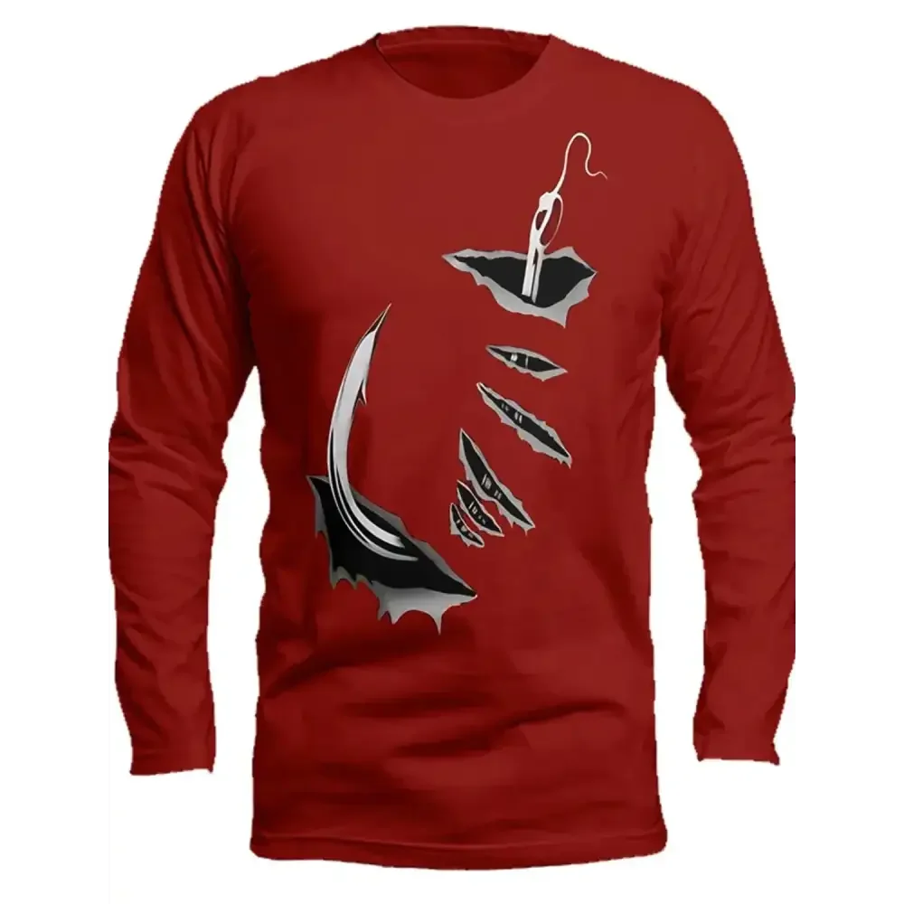 Men's Long Sleeve Fishing Tee Round Neck | Burgandy Red Hook - Big Bite Fishing Shirts