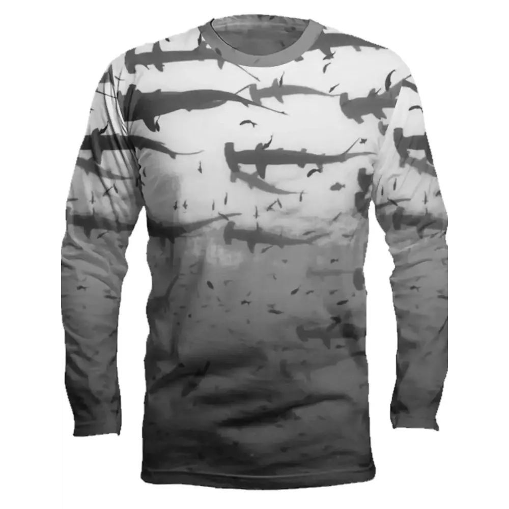 Men's Long Sleeve Fishing Tee Round Neck | Grey Hammer Head - Big Bite Fishing Shirts