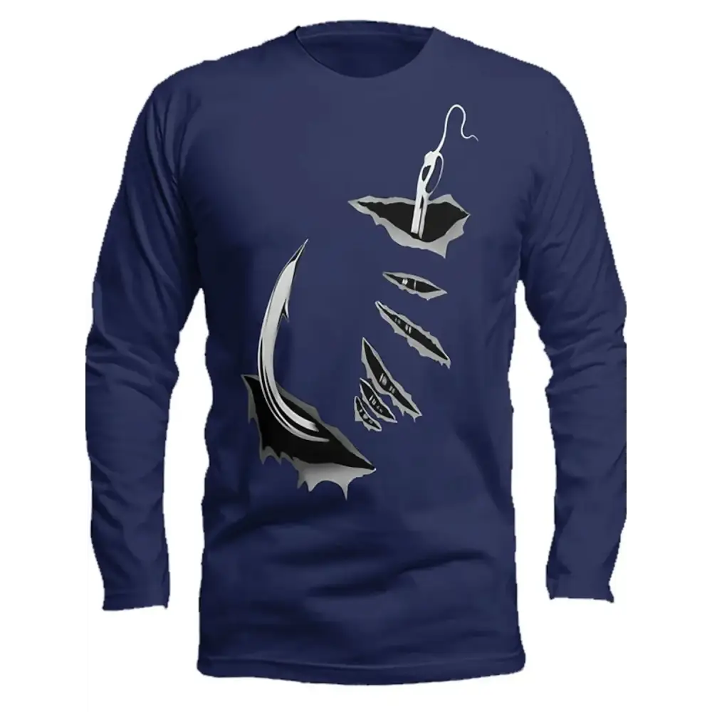 Men's Long Sleeve Fishing Tee Round Neck | Hook Dark Blue - Big Bite Fishing Shirts