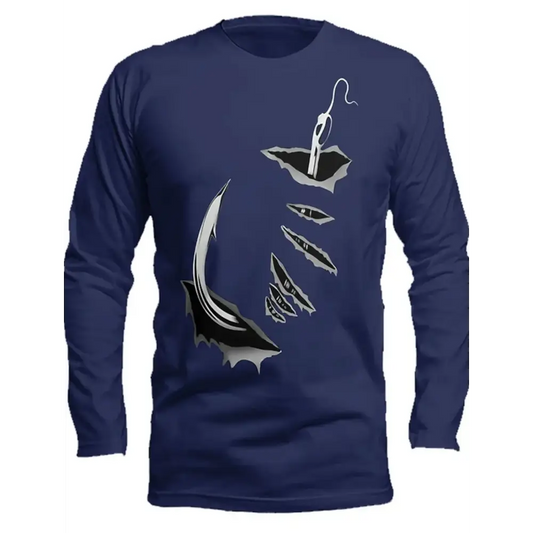 Men's Long Sleeve Fishing Tee Round Neck | Hook Dark Blue - Big Bite Fishing Shirts