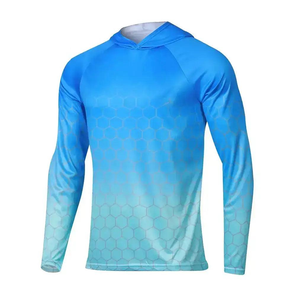 Men's Long Sleeve Hooded Fishing Jersey : Blue/Aqua - Big Bite Fishing Shirts