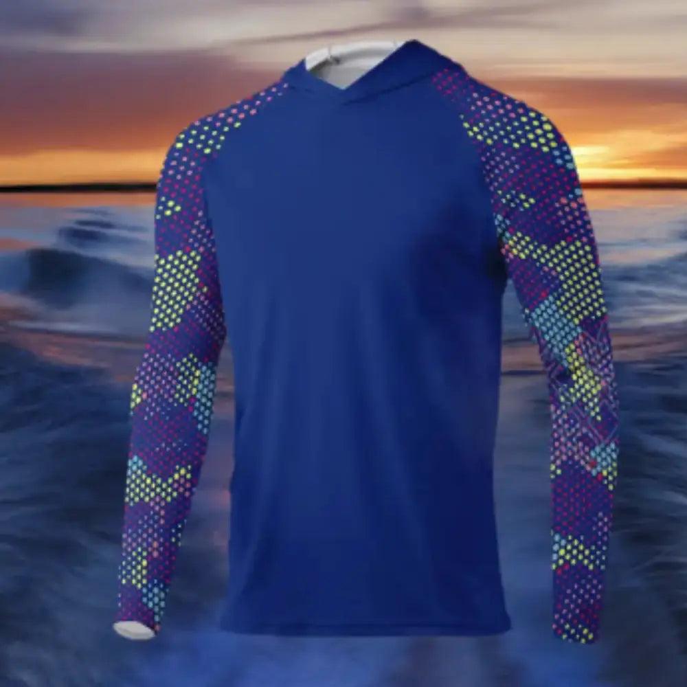 Men's Long Sleeve Hooded Fishing Jersey : Blue - Big Bite Fishing Shirts