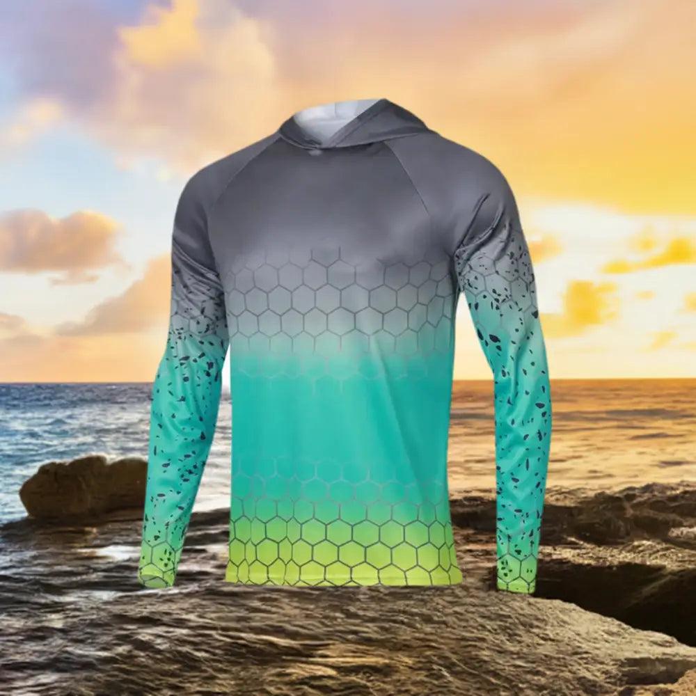 Men's Long Sleeve Hooded Fishing Jersey : Multi - Big Bite Fishing Shirts