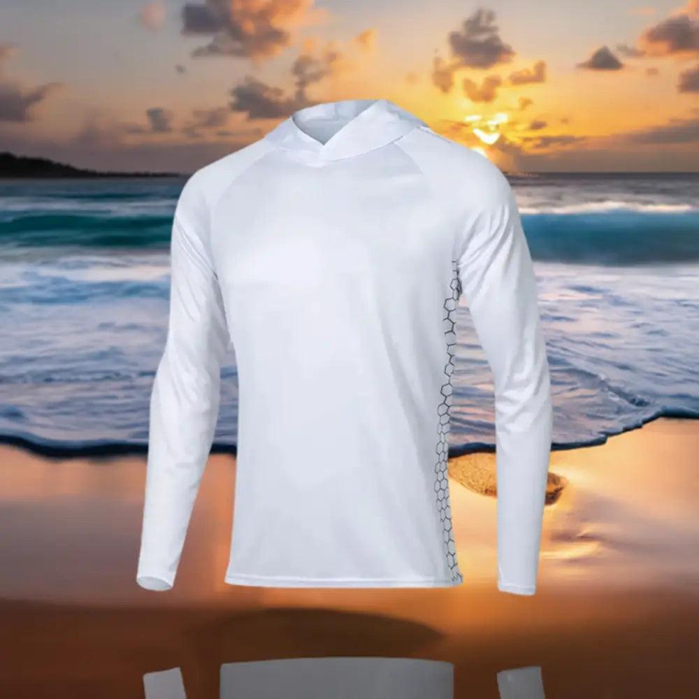 Men's Long Sleeve Hooded Fishing Jersey : White - Big Bite Fishing Shirts