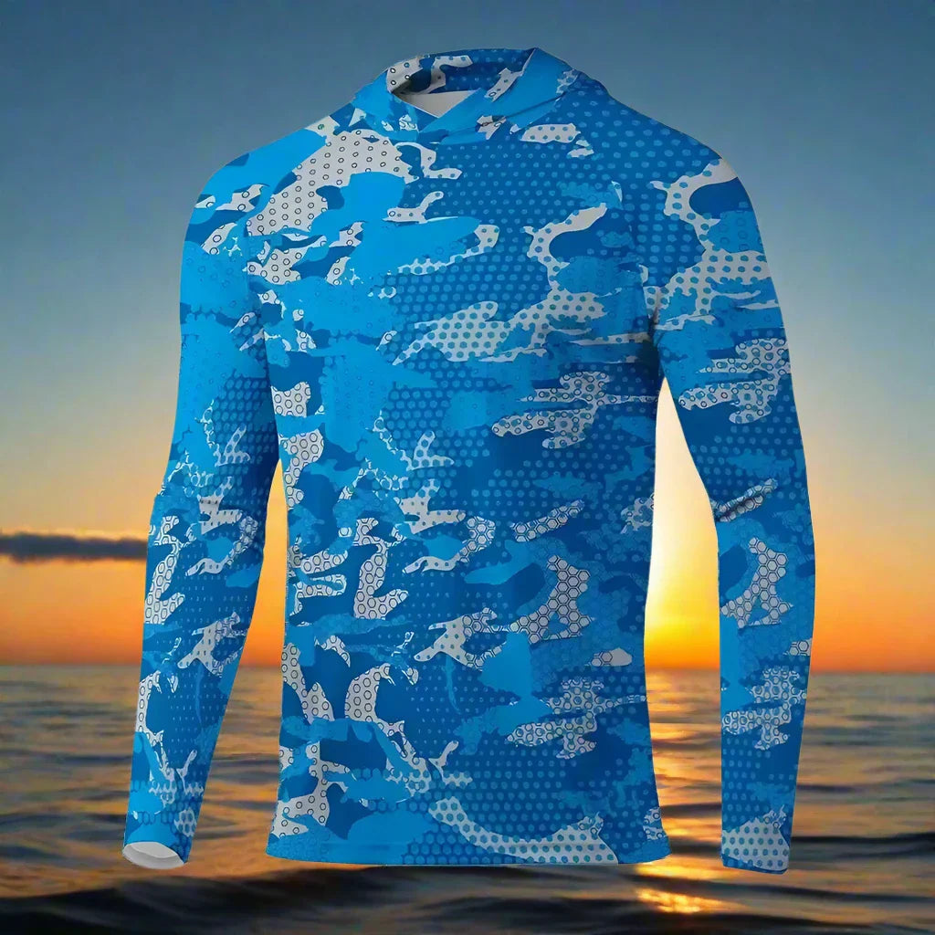 Men's Long Sleeve Hooded Fishing Shirts UPF50+ Blue Camo - Big Bite Fishing Shirts