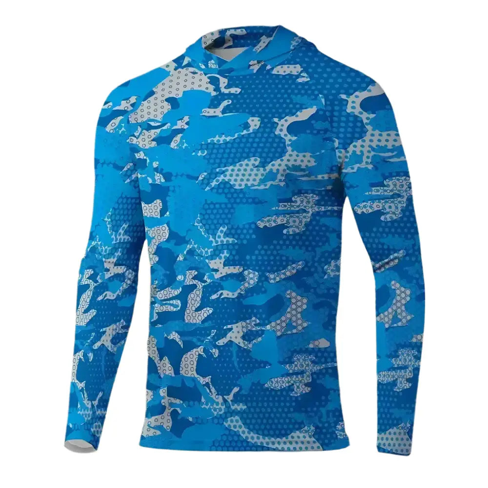 Men's Long Sleeve Hooded Fishing Shirts UPF50+ Blue Camo - Big Bite Fishing Shirts