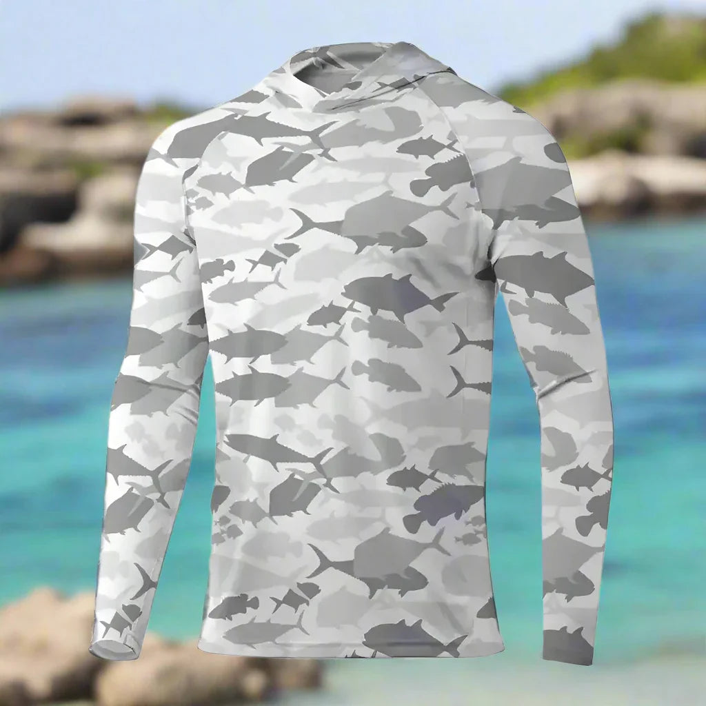 Men's Long Sleeve Hooded Fishing Shirts UPF50+ Camo Fish - Big Bite Fishing Shirts
