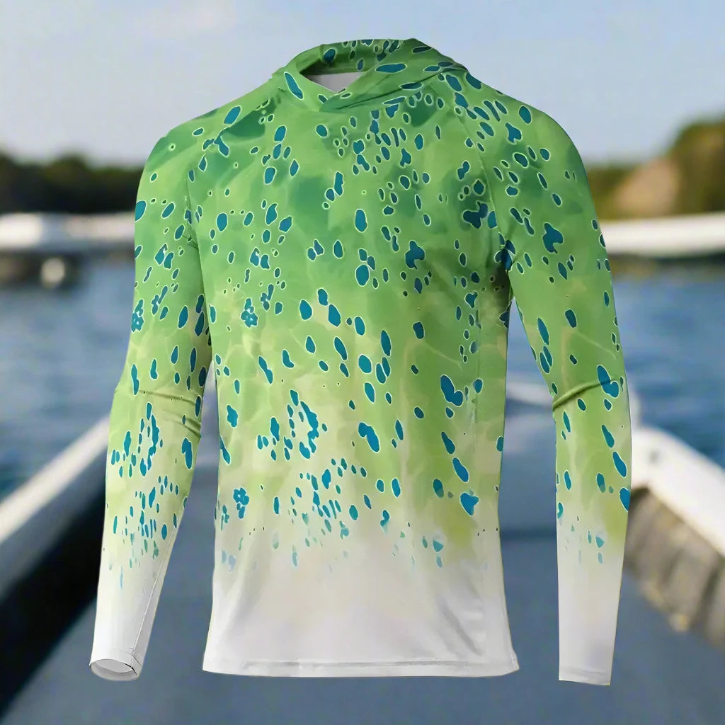 Men's Long Sleeve Hooded Fishing Shirts UPF50+ Green Mahi Mahi - Big Bite Fishing Shirts