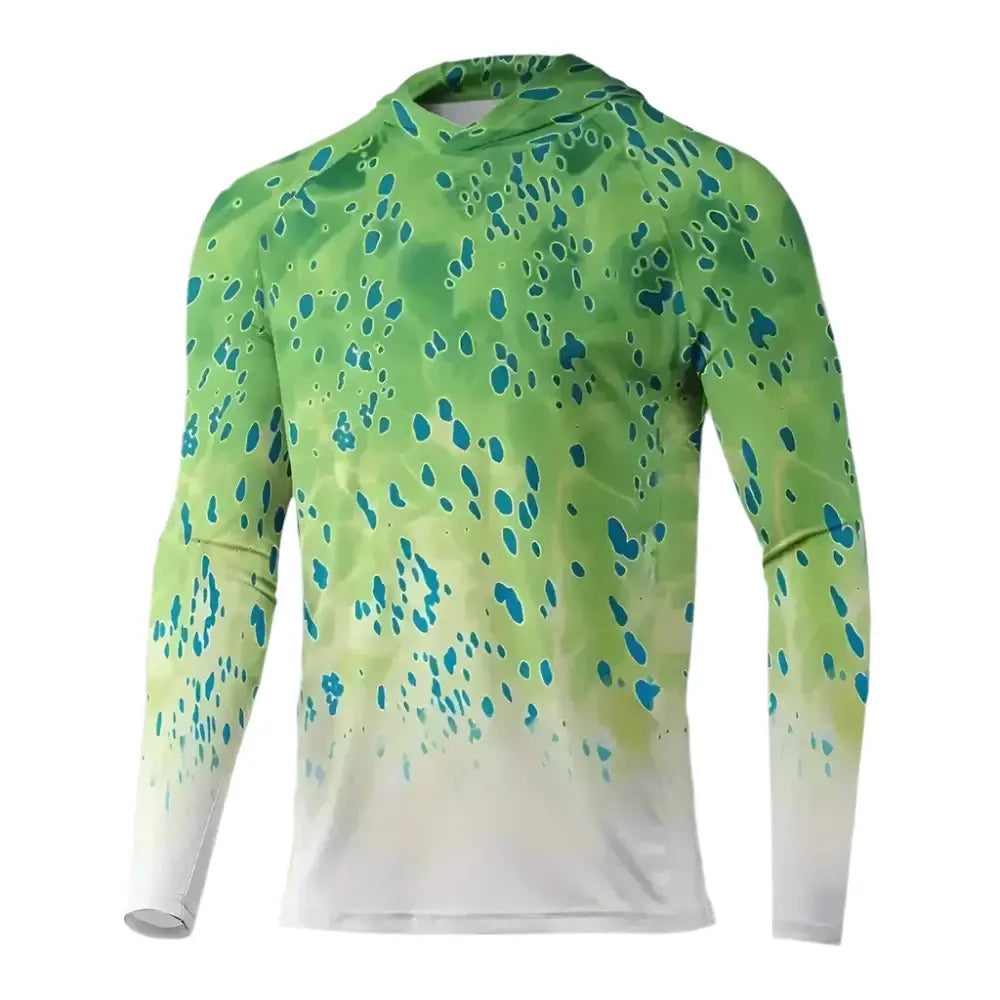 Men's Long Sleeve Hooded Fishing Shirts UPF50+ Green Mahi Mahi - Big Bite Fishing Shirts