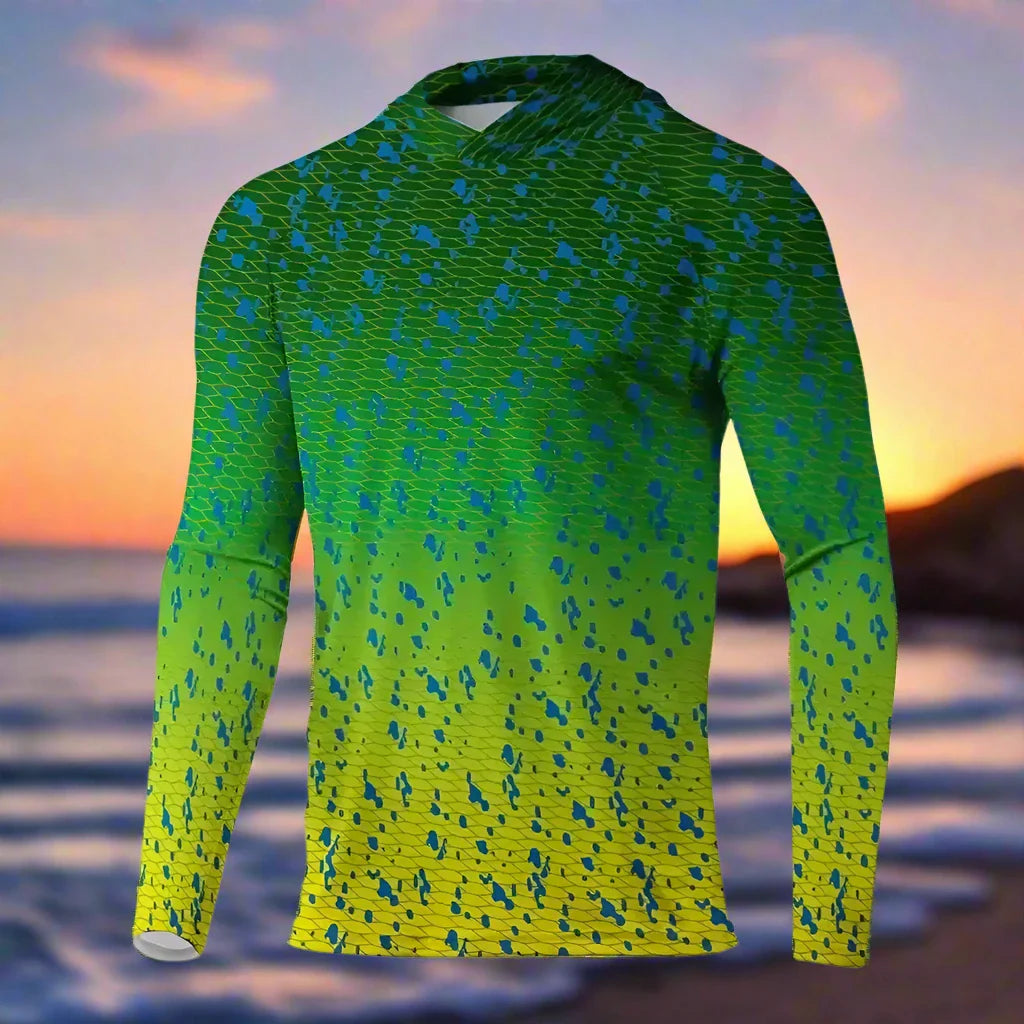 Men's Long Sleeve Hooded Fishing Shirts UPF50+ Mahi Mahi - Big Bite Fishing Shirts