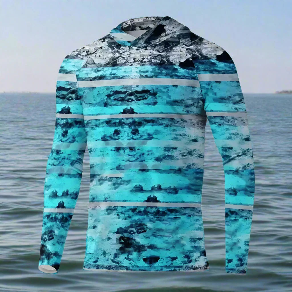 Men's Long Sleeve Hooded Fishing Shirts UPF50+ Mottle Blue - Big Bite Fishing Shirts