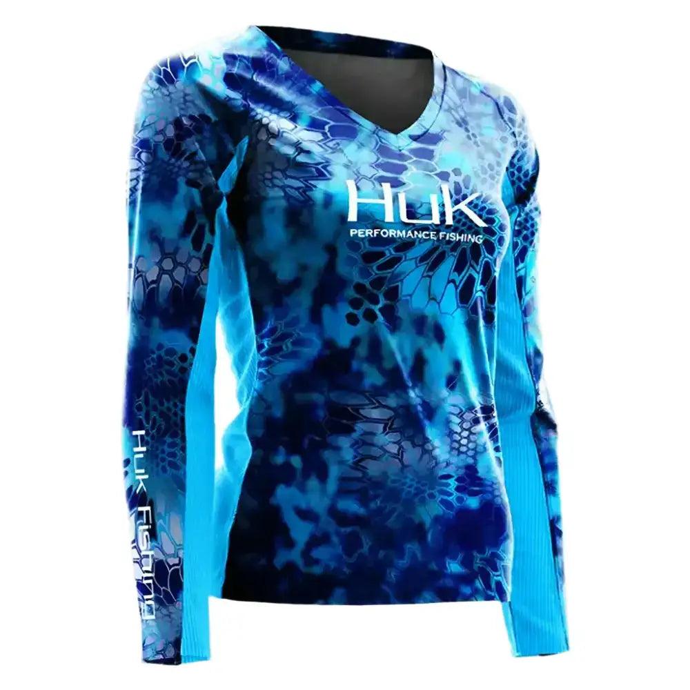 V Neck Ladies Long Sleeve Fishing Shirt - Blue/Light Blue - Big Bite Fishing Shirts