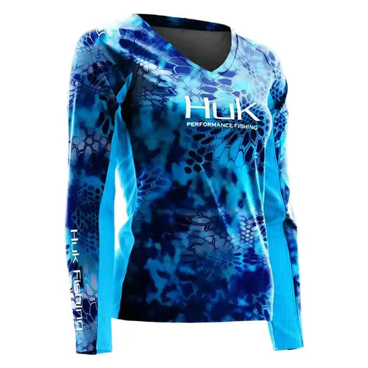 V Neck Ladies Long Sleeve Fishing Shirt - Blue/Light Blue - Big Bite Fishing Shirts