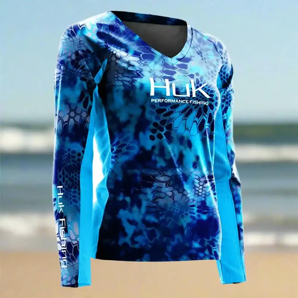V Neck Ladies Long Sleeve Fishing Shirt - Blue/Light Blue - Big Bite Fishing Shirts