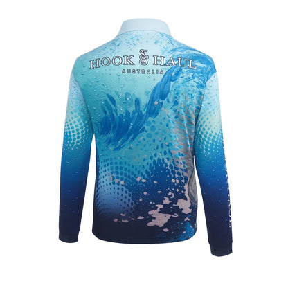 Back view of long-sleeve blue Hook & Haul fishing polo shirt with water splash and chain design