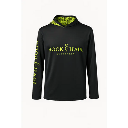Hook And Haul | Hook-It Range Black Hi Vis Yellow Hooded Fishing Shirt - Big Bite Fishing Shirts