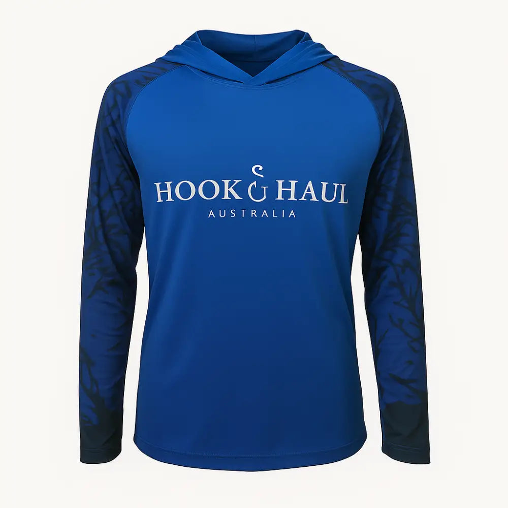 Hook And Haul | Hook-It Range Double Blue Hooded Fishing Shirt - Big Bite Fishing Shirts