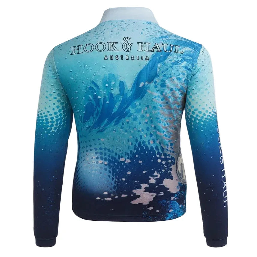Back view showing exclusive Hook & Haul marine print on ladies polo